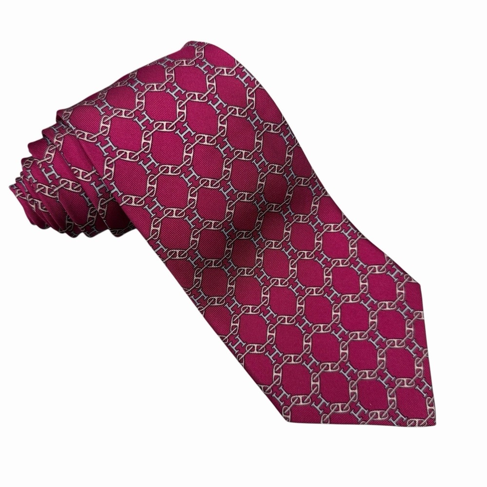 Hermes Men's Tie Chaine D'ancre "H" Logo Red Silk 7000 SA 3.5" (W) 57.5" (L) euc - Picture 2 of 4